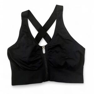 Black Women's Zip Up Sports Bra Post Op Crisscross Back